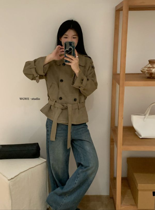 美式復古麂皮絨雙排扣綁帶翻領外套 美式復古麂皮絨雙排扣綁帶翻領外套