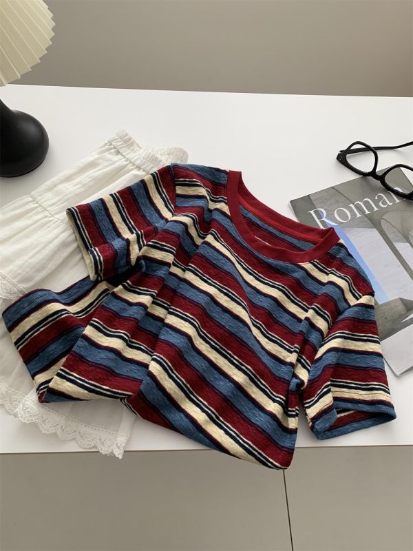 顯白肌理感 復古藍紅撞色透氣t 顯白肌理感 復古藍紅撞色透氣t