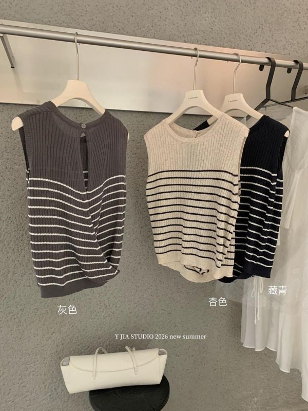 韓系撞色條紋顯瘦交叉露背針織背心-3色 韓系撞色條紋顯瘦交叉露背針織背心-3色