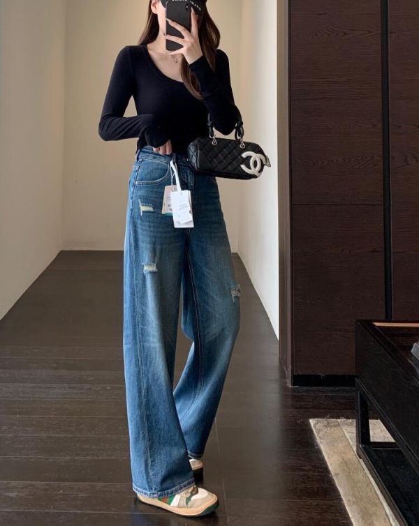 時尚破洞！美式設計感高腰直筒牛仔褲-2色 時尚破洞！美式設計感高腰直筒牛仔褲-2色