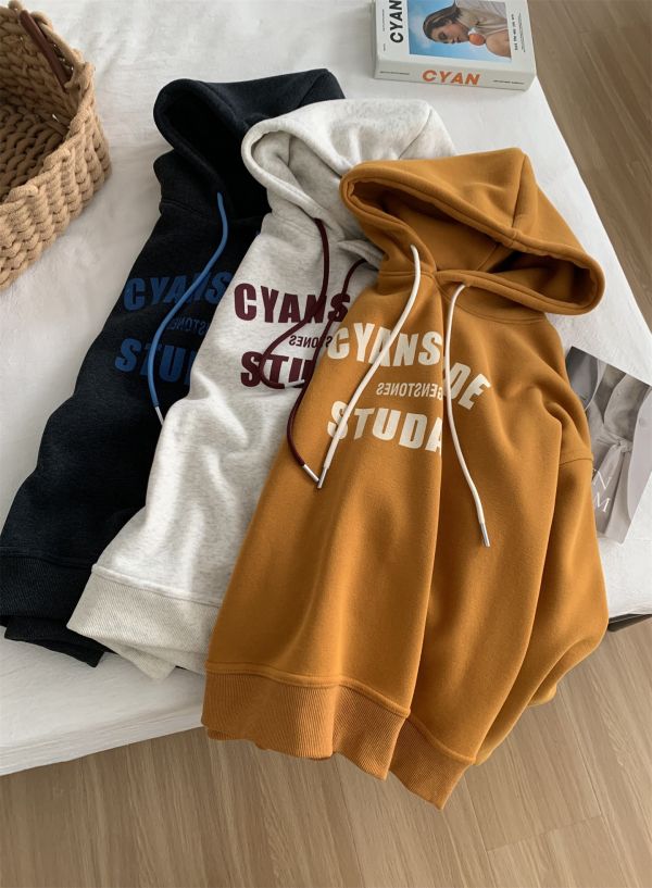 重磅加絨美式字母套頭鬆弛感連帽上衣-3色 重磅加絨美式字母套頭鬆弛感連帽上衣-3色