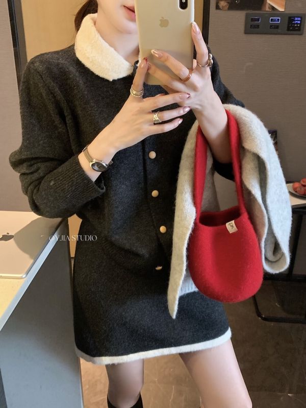 法式小香風撞色翻領針織開衫+高腰半身裙-2色 法式小香風撞色翻領針織開衫+高腰半身裙-2色