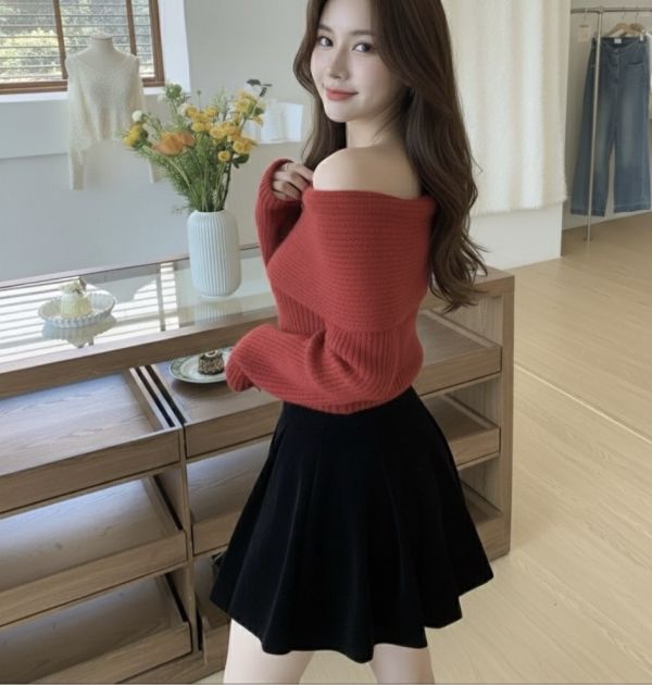 Korea 坑條一字領針織毛衣-4色 Korea 坑條一字領針織毛衣-4色