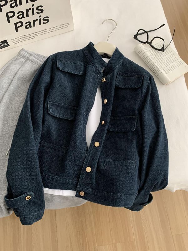 洋氣復古小香風牛仔金扣立領開衫 洋氣復古小香風牛仔金扣立領開衫