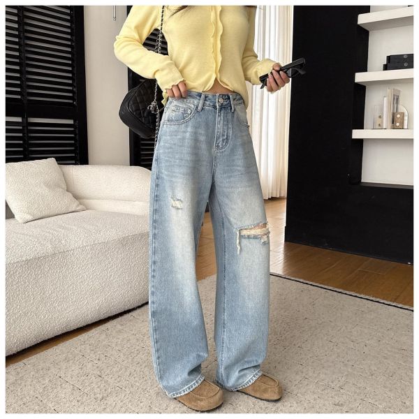 滿滿活力～洋氣淺色破洞直筒闊腿褲 滿滿活力～洋氣淺色破洞直筒闊腿褲