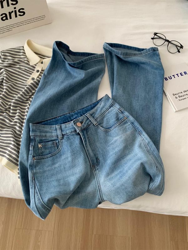 設計感拼接闊腿彎刀褲高腰顯瘦牛仔 設計感拼接闊腿彎刀褲高腰顯瘦牛仔