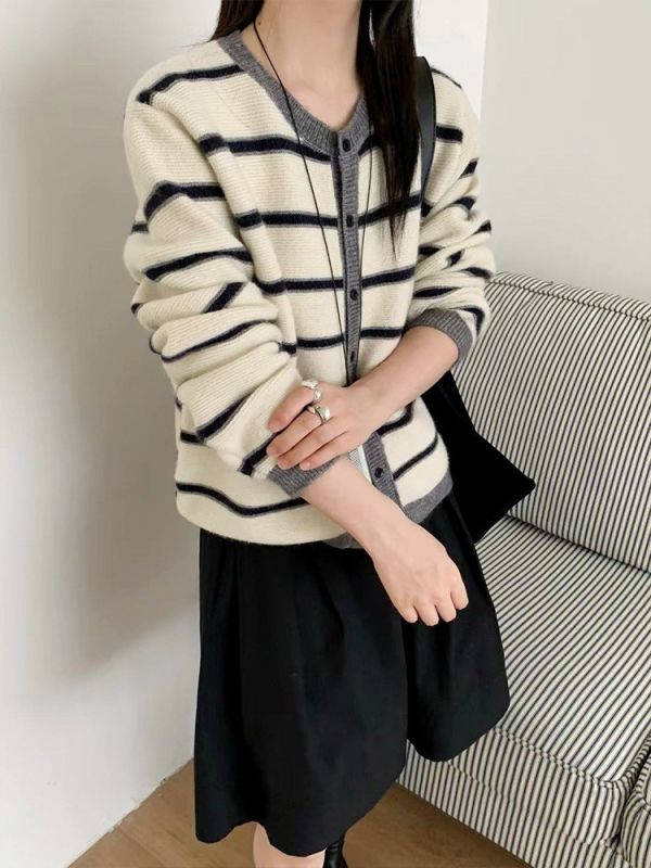 復古雙色條紋針織開衫-3色 復古雙色條紋針織開衫-3色