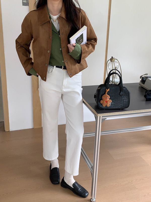 復古仿麂皮絨翻領顯瘦短款外套 復古仿麂皮絨翻領顯瘦短款外套