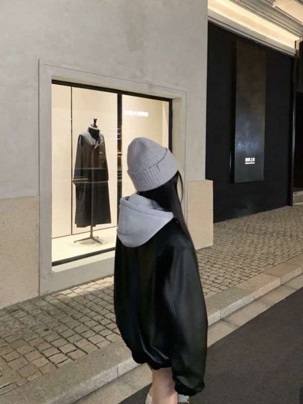 甜酷黑色假兩件高級感寬鬆pu皮外套 甜酷黑色假兩件高級感寬鬆pu皮外套