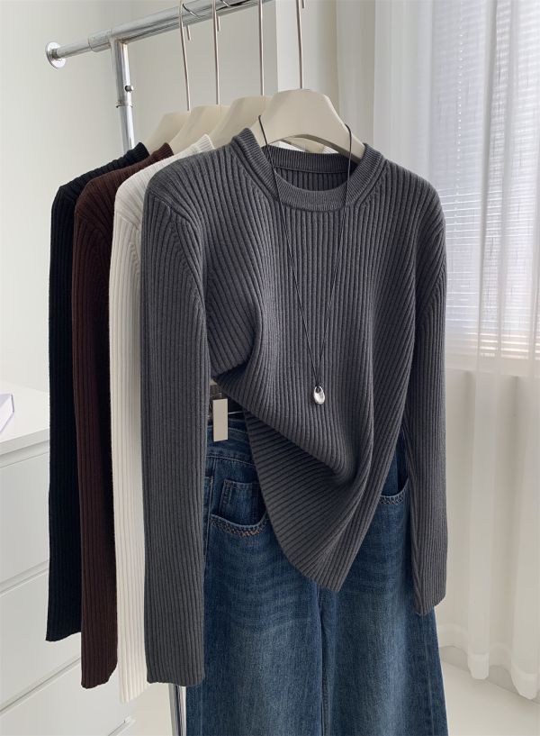 休閒坑條圓領保暖打底衫-4色 休閒坑條圓領保暖打底衫-4色