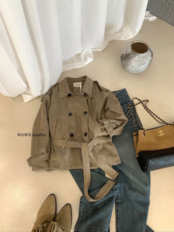 美式復古麂皮絨雙排扣綁帶翻領外套 美式復古麂皮絨雙排扣綁帶翻領外套