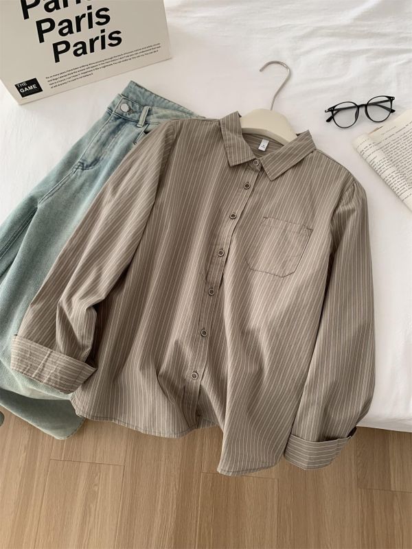 文藝小清新豎條紋單穿疊穿襯衫上衣-2色 文藝小清新豎條紋單穿疊穿襯衫上衣-2色