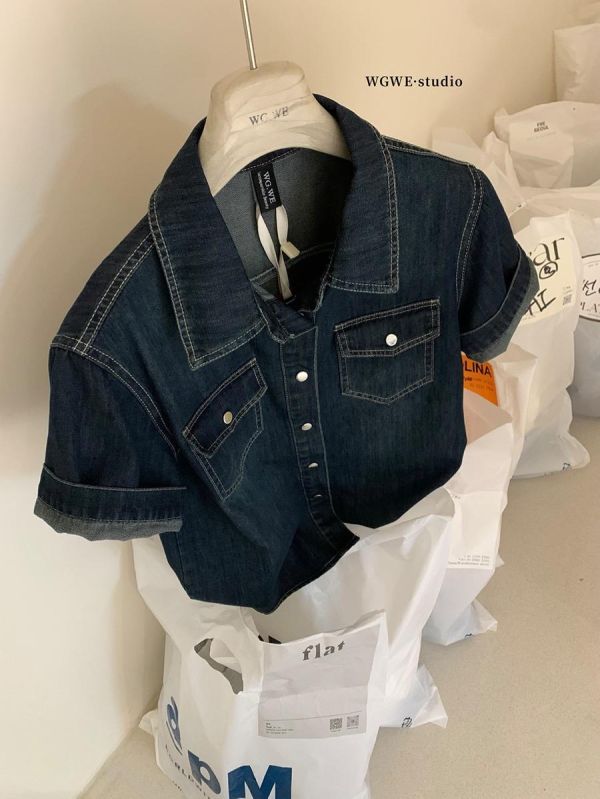 夏季美式復古休閒口袋牛仔襯衫 夏季美式復古休閒口袋牛仔襯衫