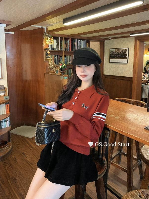 韓系學院風氣質刺繡小狗polo領針織上衣-4色 韓系學院風氣質刺繡小狗polo領針織上衣-4色