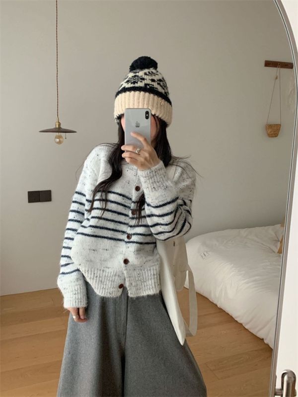 復古羊駝條紋含羊毛開衫外套-2色 復古羊駝條紋含羊毛開衫外套-2色