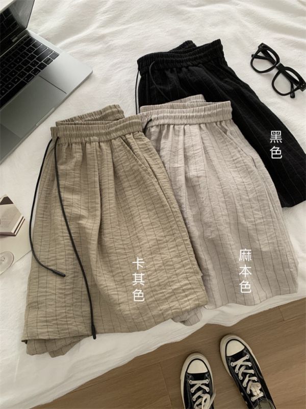 簡約復古條紋棉麻抽繩休閒短褲涼涼褲-3色 簡約復古條紋棉麻抽繩休閒短褲涼涼褲-3色