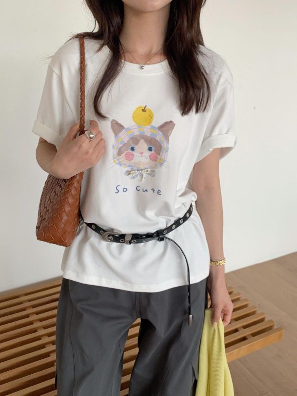 韓系ins小貓印花圓領T恤-2色 韓系ins小貓印花圓領T恤-2色