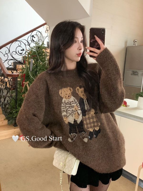 寬鬆小熊圖案 慵懶風保暖毛衣-3色 寬鬆小熊圖案 慵懶風保暖毛衣-3色