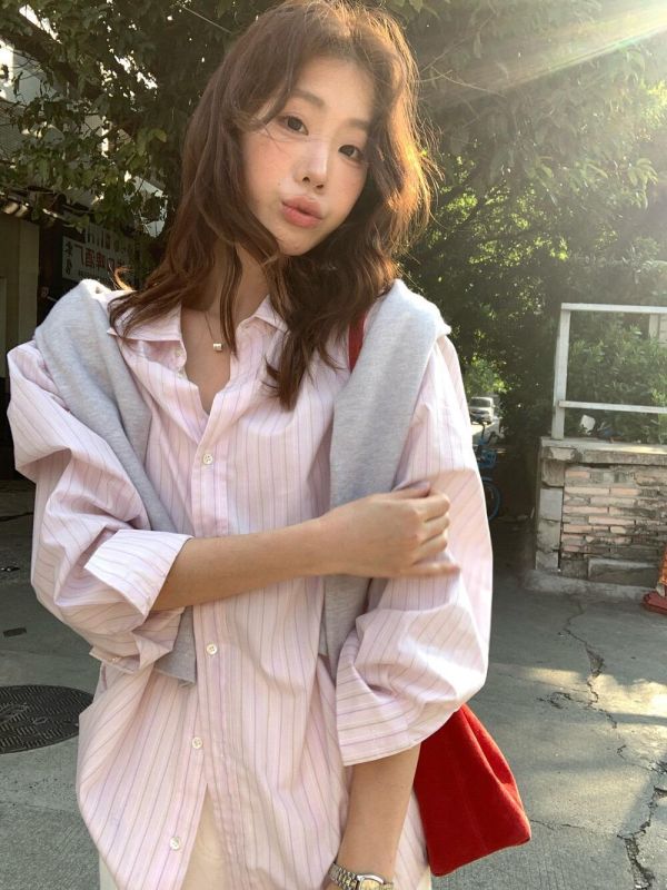 粉嫩少女韓系慵懶條紋襯衫-2色 粉嫩少女韓系慵懶條紋襯衫-2色