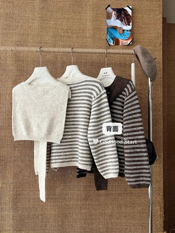 韓系條紋撞色針織衫（配披肩）-3色 韓系條紋撞色針織衫（配披肩）-3色