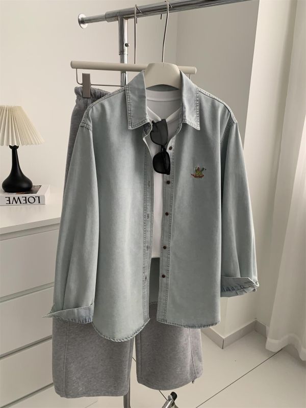 清新文藝紗 復古淺藍小馬刺繡翻領襯衫上衣 清新文藝紗 復古淺藍小馬刺繡翻領襯衫上衣