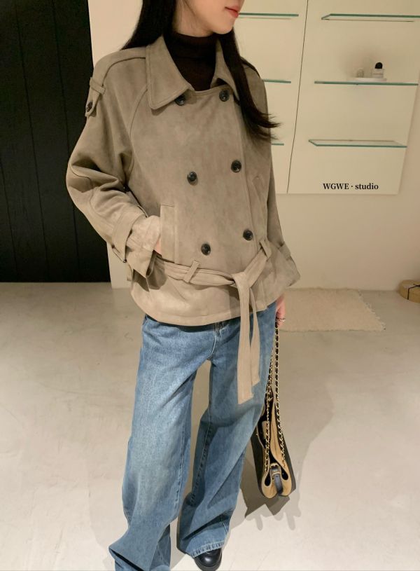 美式復古麂皮絨雙排扣綁帶翻領外套 美式復古麂皮絨雙排扣綁帶翻領外套