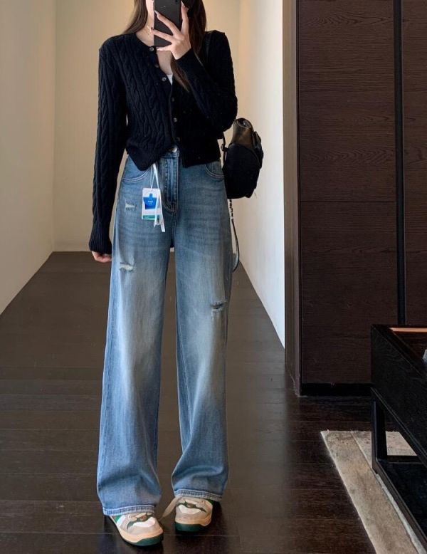 時尚破洞！美式設計感高腰直筒牛仔褲-2色 時尚破洞！美式設計感高腰直筒牛仔褲-2色