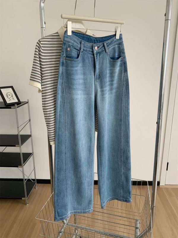 設計感拼接闊腿彎刀褲高腰顯瘦牛仔 設計感拼接闊腿彎刀褲高腰顯瘦牛仔