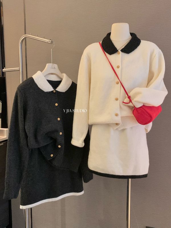 法式小香風撞色翻領針織開衫+高腰半身裙-2色 法式小香風撞色翻領針織開衫+高腰半身裙-2色