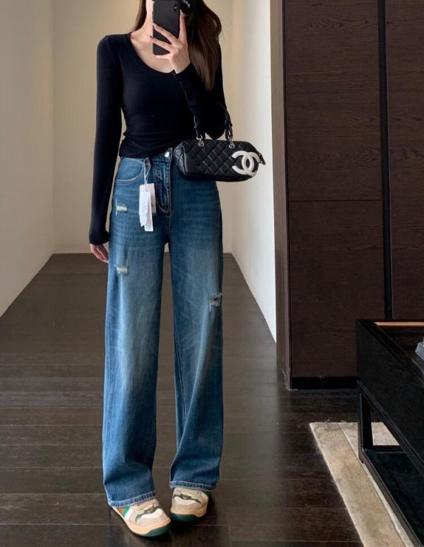 時尚破洞！美式設計感高腰直筒牛仔褲-2色 時尚破洞！美式設計感高腰直筒牛仔褲-2色