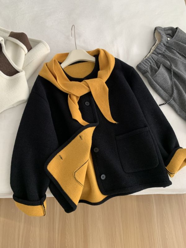 設計感洋氣復古韓國絨圓領鈕扣 真兩件雙面絨開衫外套-2色 設計感洋氣復古韓國絨圓領鈕扣 真兩件雙面絨開衫外套-2色