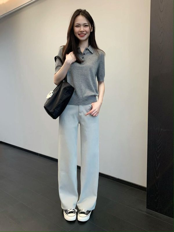 高級摩卡灰～舒適四面彈直筒高腰牛仔褲 高級摩卡灰～舒適四面彈直筒高腰牛仔褲