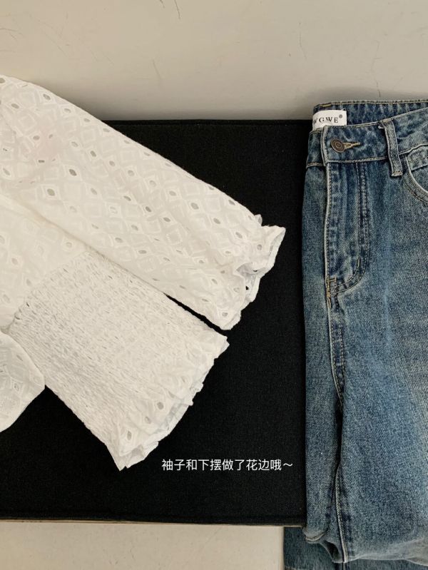復古方領束腰鏤空短款上衣 復古方領束腰鏤空短款上衣