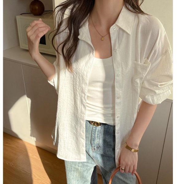 亞麻夏季防曬氣質純色襯衫上衣-6色 亞麻夏季防曬氣質純色襯衫上衣-6色