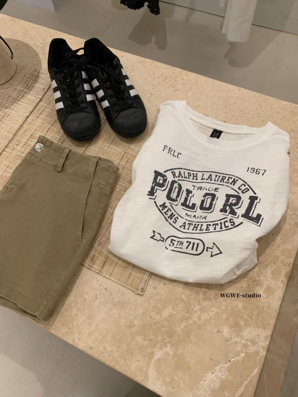 簡約做舊字母印花美式竹節棉上衣-2色 簡約做舊字母印花美式竹節棉上衣-2色