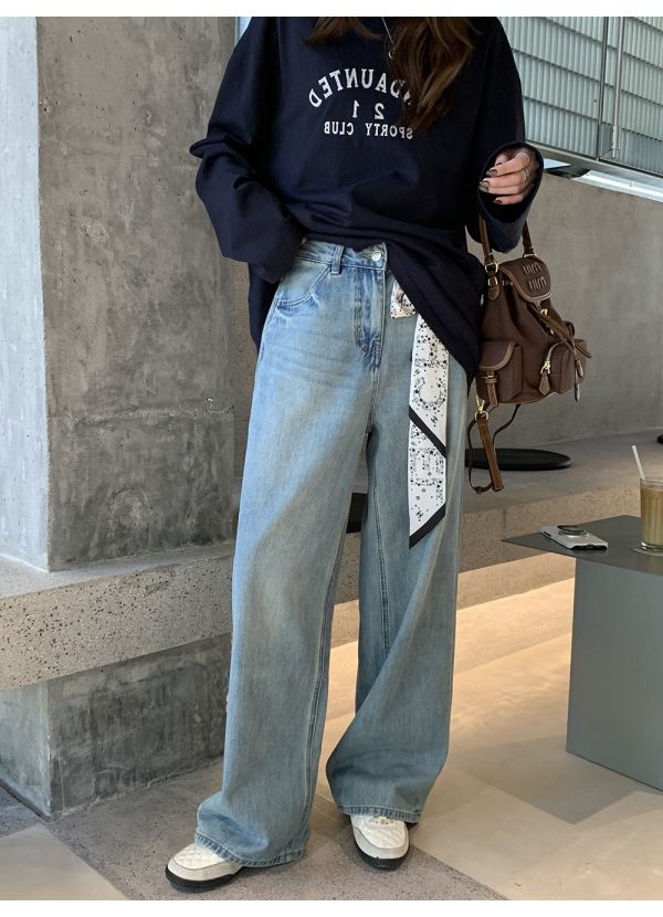 重工水洗口袋刺繡高腰直筒牛仔休閒長褲 重工水洗口袋刺繡高腰直筒牛仔休閒長褲