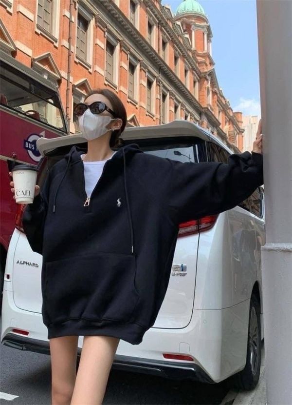 重磅拉鍊刺繡寬鬆連帽tee-3色 重磅拉鍊刺繡寬鬆連帽tee-3色