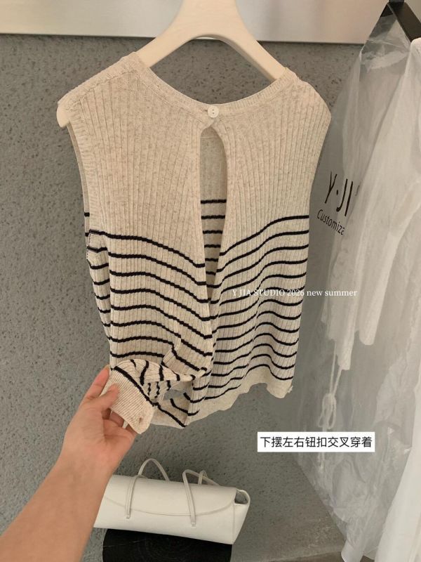 韓系撞色條紋顯瘦交叉露背針織背心-3色 韓系撞色條紋顯瘦交叉露背針織背心-3色