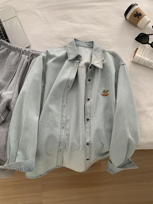 清新文藝紗 復古淺藍小馬刺繡翻領襯衫上衣 清新文藝紗 復古淺藍小馬刺繡翻領襯衫上衣