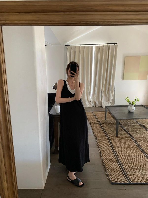 春夏極簡撞色拼接肌里棉連身裙-3色 春夏極簡撞色拼接肌里棉連身裙-3色