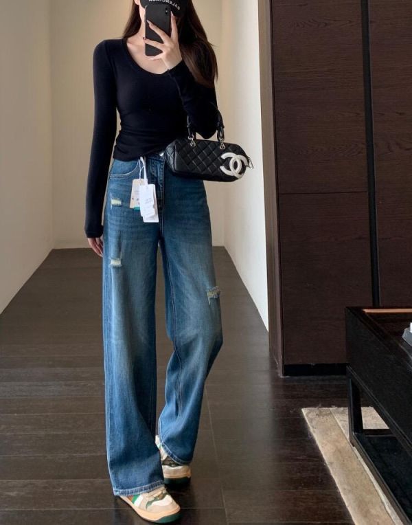 時尚破洞！美式設計感高腰直筒牛仔褲-2色 時尚破洞！美式設計感高腰直筒牛仔褲-2色