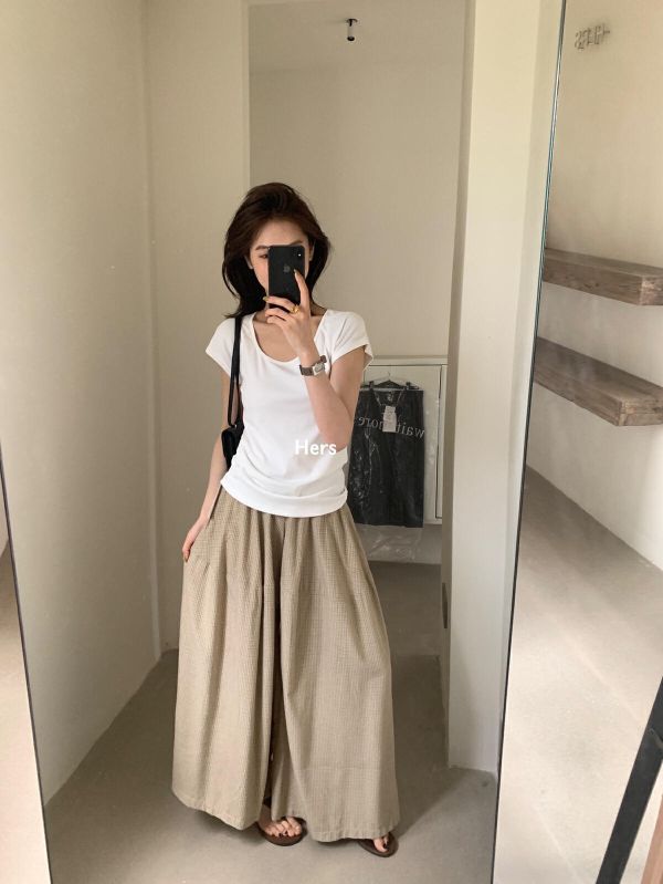 復古格子休閒垂感闊腿褲-3色 復古格子休閒垂感闊腿褲-3色