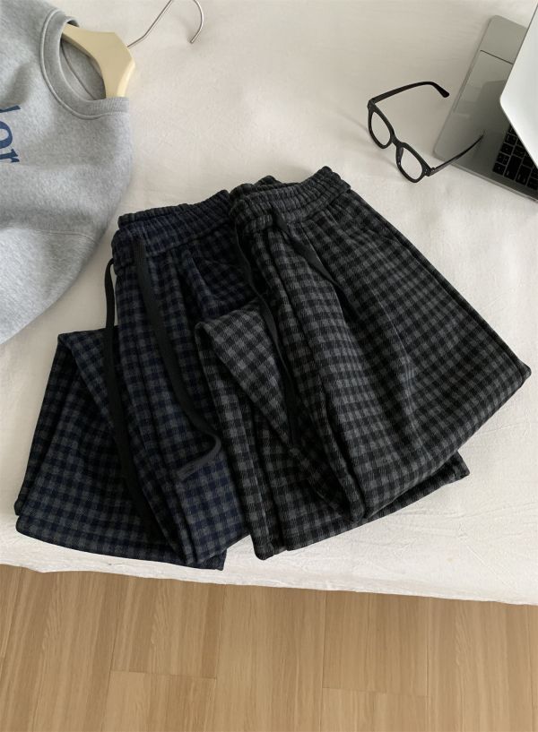 加厚加絨格子直筒保暖休閒褲-2色 加厚加絨格子直筒保暖休閒褲-2色