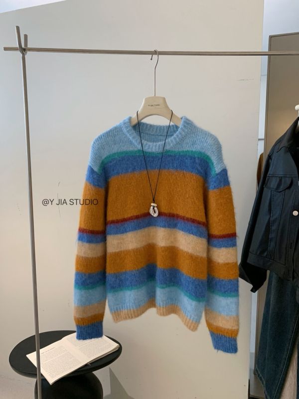 韓系多巴胺條紋撞色保暖毛衣 韓系多巴胺條紋撞色保暖毛衣