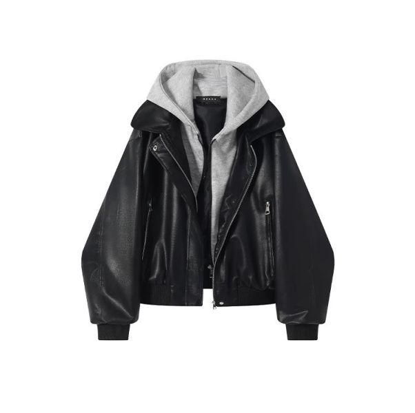 甜酷黑色假兩件高級感寬鬆pu皮外套 甜酷黑色假兩件高級感寬鬆pu皮外套