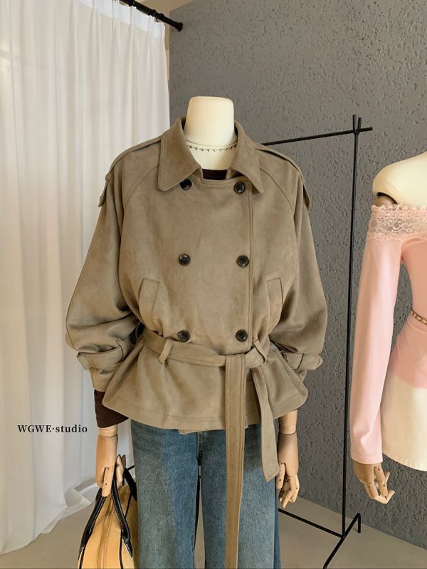 美式復古麂皮絨雙排扣綁帶翻領外套 美式復古麂皮絨雙排扣綁帶翻領外套