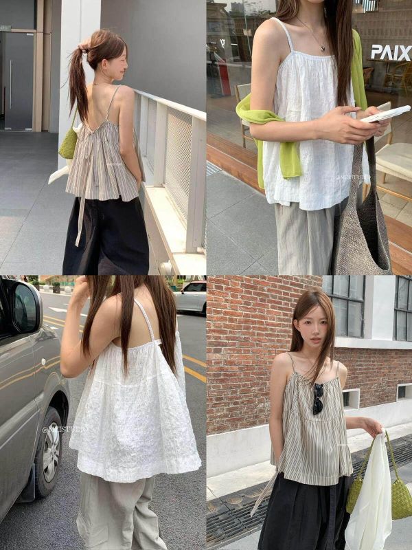 溫柔風復古條紋後背繫帶鏤空背心-3色 溫柔風復古條紋後背繫帶鏤空背心-3色