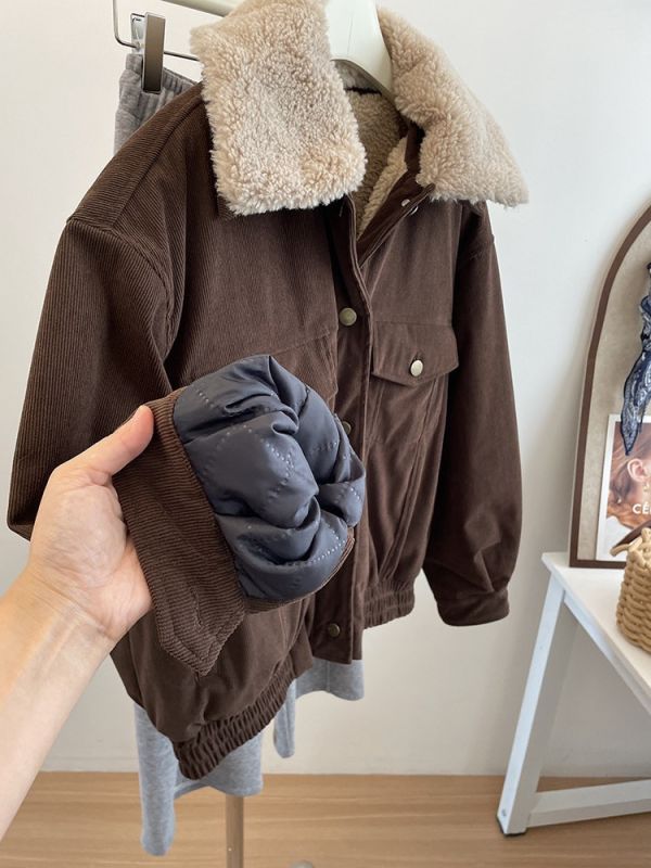 復古燈芯絨工裝短款外套 加厚羊羔毛保暖外套-2色 復古燈芯絨工裝短款外套 加厚羊羔毛保暖外套-2色