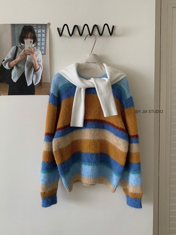 韓系多巴胺條紋撞色保暖毛衣 韓系多巴胺條紋撞色保暖毛衣