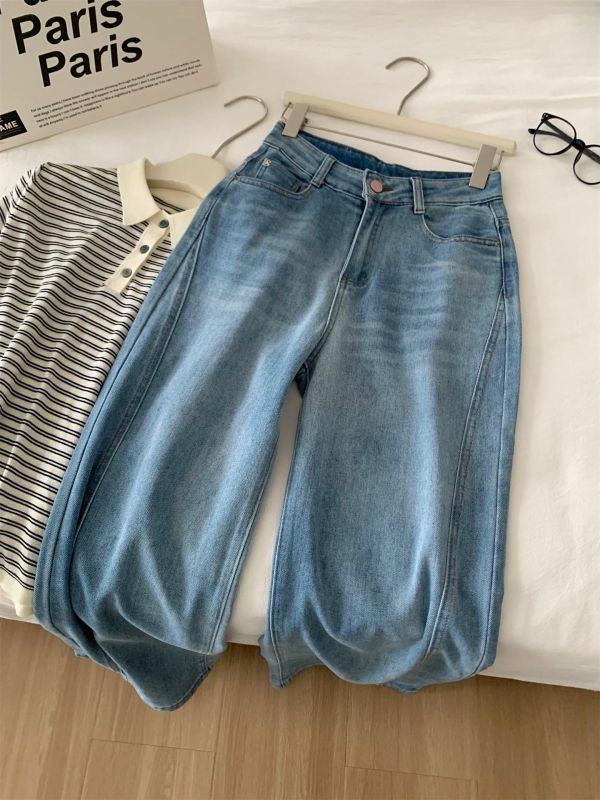 設計感拼接闊腿彎刀褲高腰顯瘦牛仔 設計感拼接闊腿彎刀褲高腰顯瘦牛仔